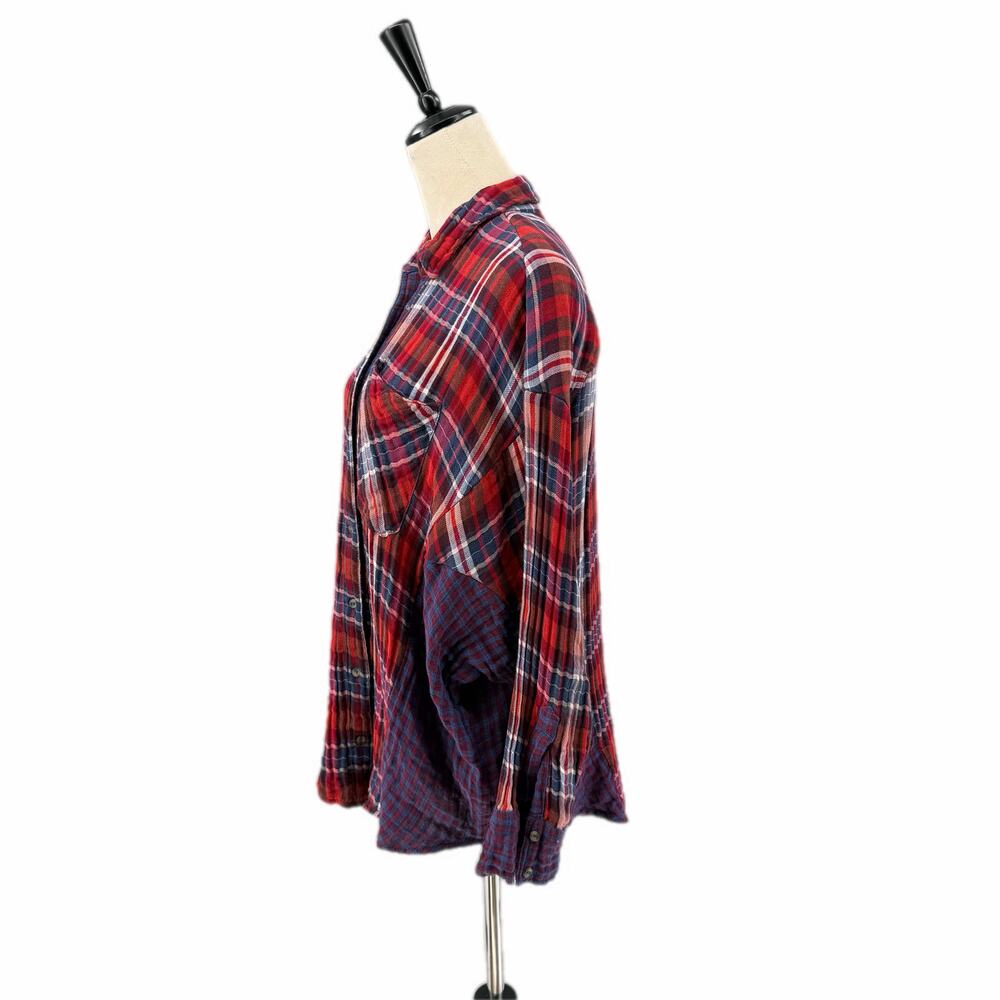 Free People One of the Guys Flannel Plaid Cotton Red White Blue Long Sleeve Top - Picture 5 of 13